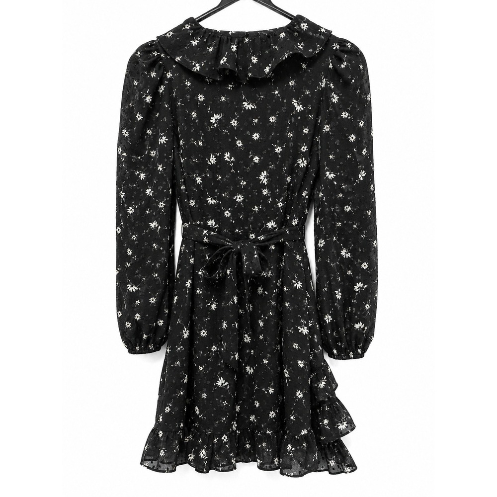 Spring + Mercer Black Floral Swiss Dot Ruffle Wrap Mini Dress XS NWT - Picture 7 of 10
